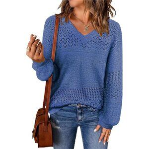 V-Neck Crochet Knit Sweater – Lightweight Casual Pullover Top
